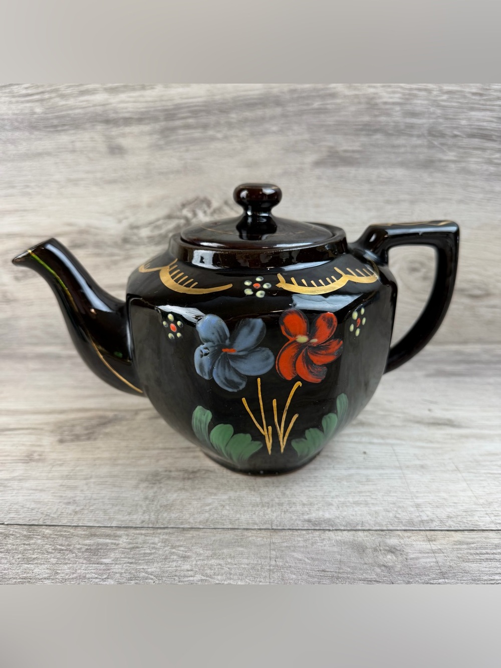 Vintage Hand Painted Floral Teapot with Gold Accents – Redware Brown Betty